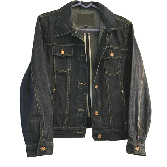 Guess Jean Jacket Dark Blue Denim RN# 62136 Style13885 Size L Art Design On Back - Picture 1 of 11